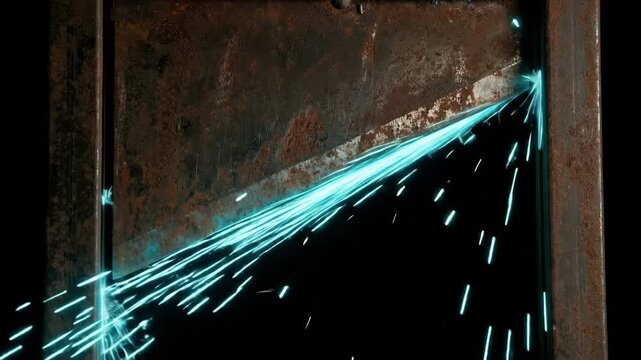 Sinister 4K Rusty Guillotine Blade Showering Electric Blue Sparks in a Dark Cinematic Horror Torture Chamber