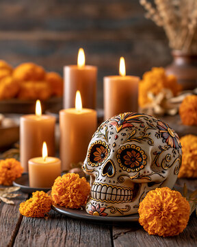Traditional dia de los muertos ofrenda altar featuring decorative sugar skull, marigolds and glowing candles on rustic wood table for Mexican cultural banner
