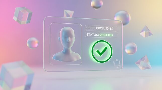Digital identity verification profile with verified status and user ID surrounded by abstract geometric shapes and spheres in a soft gradient background