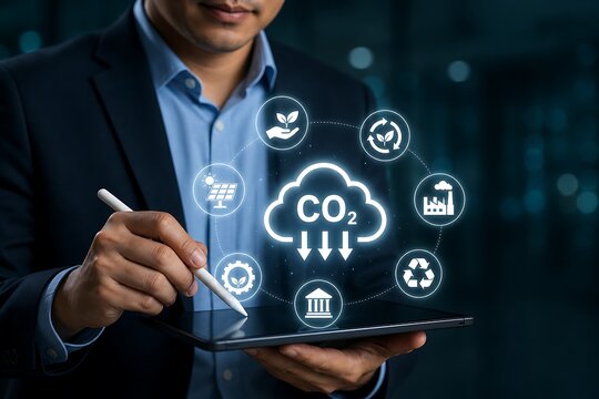 Businessman using a tablet to manage carbon footprint reduction and sustainable energy strategies