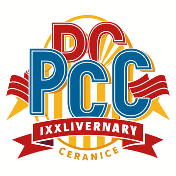 Pcc logo with anniversary text and ribbon elements on a white background