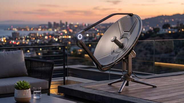 Modern Satellite Internet Dish Receiver Installed on Luxury Rooftop Terrace with Cityscape at Sunset