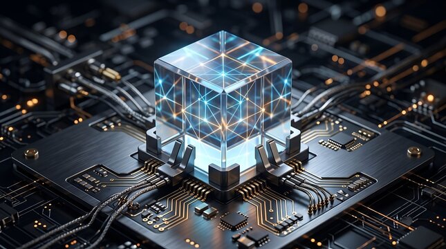 Futuristic Quantum Processing Unit with Glowing Crystal Cube on Mainboard Circuit Array