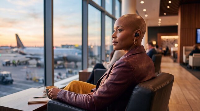 Stylish bald woman sitting in an airport lounge looking at airplanes