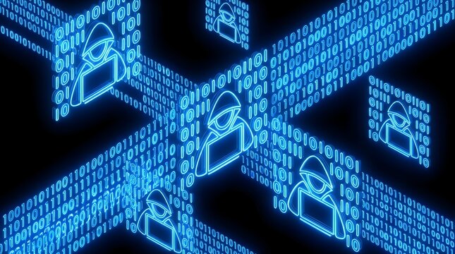 Abstract digital representation of hackers and binary code symbolizing cybercrime and data security threats in a neon blue glow against a dark background.
