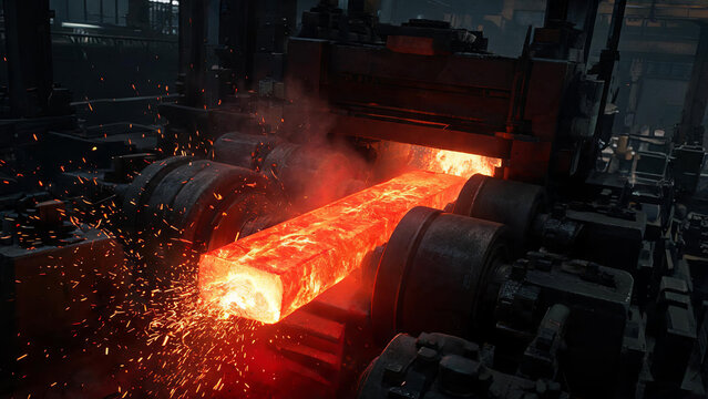 A glowing hot steel bloom is being processed by rolling mill machinery in a dark industrial workshop, with sparks flying as metal is shaped.