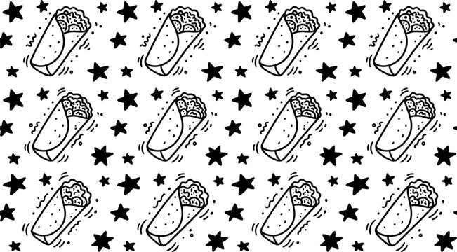 Seamless Burrito and Shawarma Pattern Vector with Hand Drawn Mexican Food Wraps and Black Stars for Restaurant Menus Backgrounds Wallpaper and Packaging