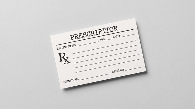 Blank prescription pad paper template on gray surface.
