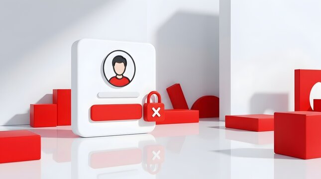 User account locked with a padlock icon and red cross symbol representing security breach or access denied surrounded by abstract red blocks