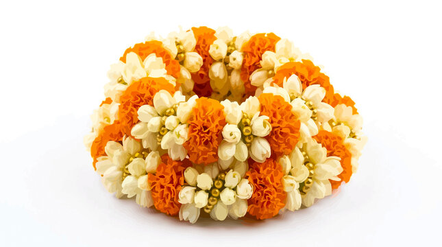 Traditional thai jasmine and marigold flower garland malai with jasmine flowers