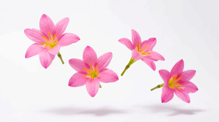 Obraz premium Four delicate pink rain lily flowers floating against a clean white background