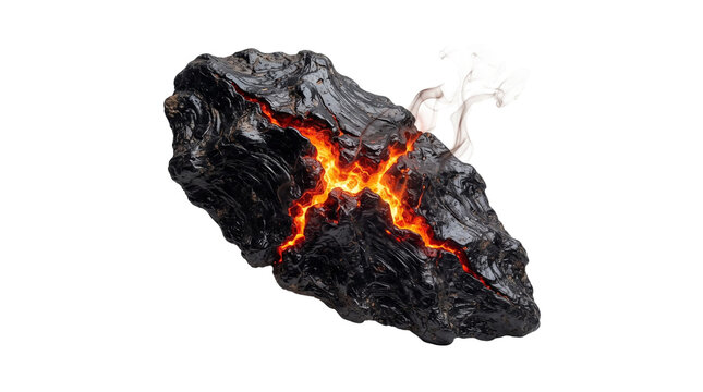 Volcanic magma rock with glowing lava fissure, hot smoking meteorite stone, fiery glowing obsidian rock prop for visual effects isolated PNG with Transparent Background