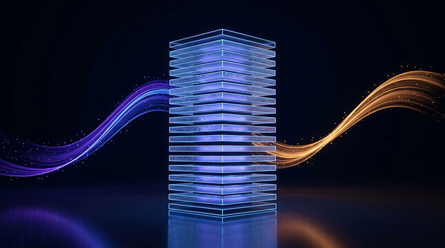 Data center server tower with digital fiber optic streams of light technology