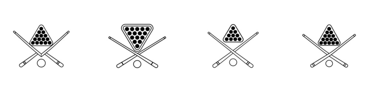 Pool billiards icon with racked balls and cue sticks for cue sports, games, apps and websites.