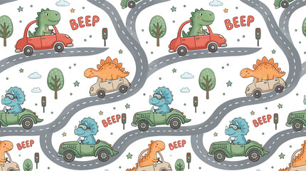 Seamless Pattern with Cute Watercolor Dinosaur Characters Driving Cars on Roads with Trees and Traffic Lights for Kids Boy Nursery Fabric Design © rihan