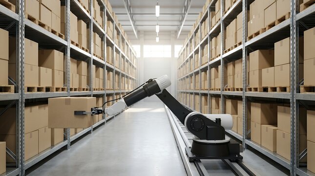 Automated robotic arm handling cardboard boxes in modern warehouse, smart logistics automation technology, industrial storage facility