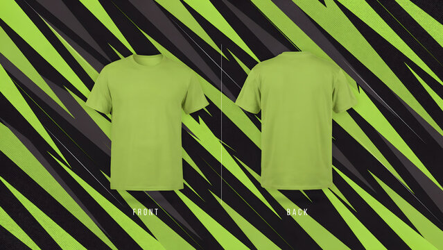 Front and back view of a plain light green t-shirt mockup, presented against a dark background, with a bold, diagonal, sharp geometric pattern