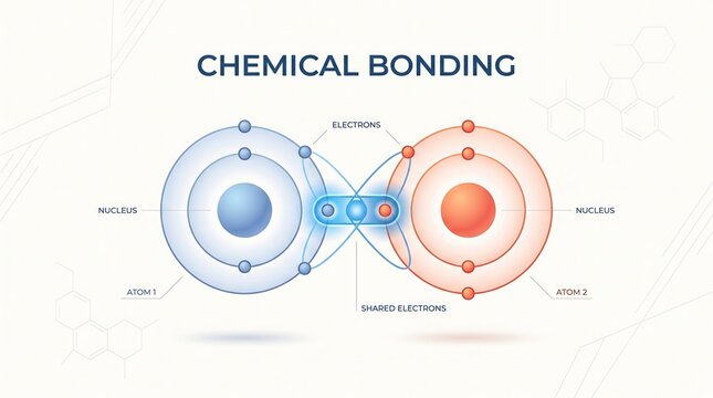 Chemical bonding illustration showing shared electrons between two atoms nuclei