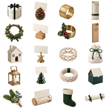 Christmas Table and Gift Accessory Collection with Wreath, Lantern, Place Cards and Holiday Decorations