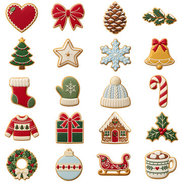 Christmas Sugar Cookie Collection with Festive Icing Designs on Transparent Background