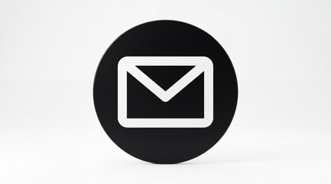 Minimalist 3D circular email icon in black with white envelope symbol isolated on white background, ideal for digital communication, contact us pages, and messaging notifications