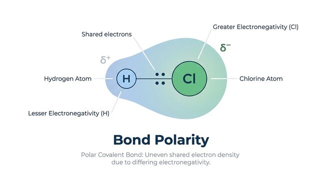 Diagram illustrating bond polarity in a polar covalent bond between hydrogen and chlorine atoms