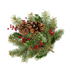 Christmas pine branch with holly berries and pinecones isolated on © jetepar
