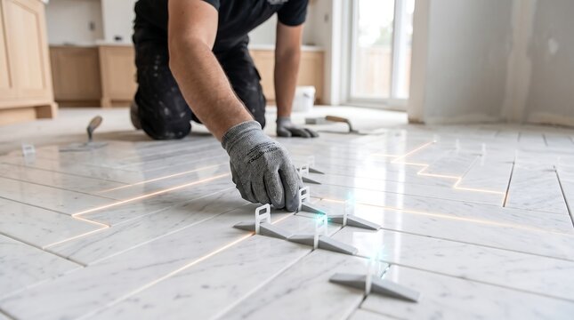 Close up of worker hands installing white marble floor tiles with grey leveling system in bright kitchen renovation featuring herringbone pattern floor layout and professional tools