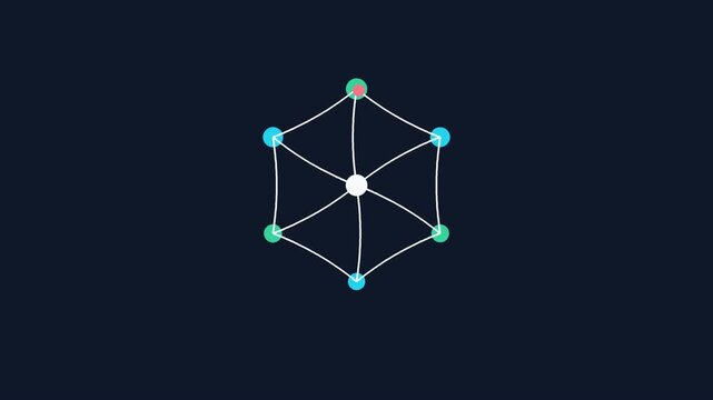Animated hexagon node network with data connections, flat vector digital technology concept, seamless loop