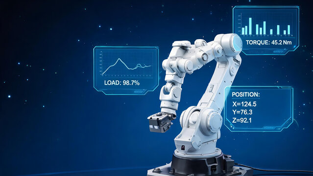 An industrial robotic arm shows real-time operational data including load, torque, and position via digital holographic displays.