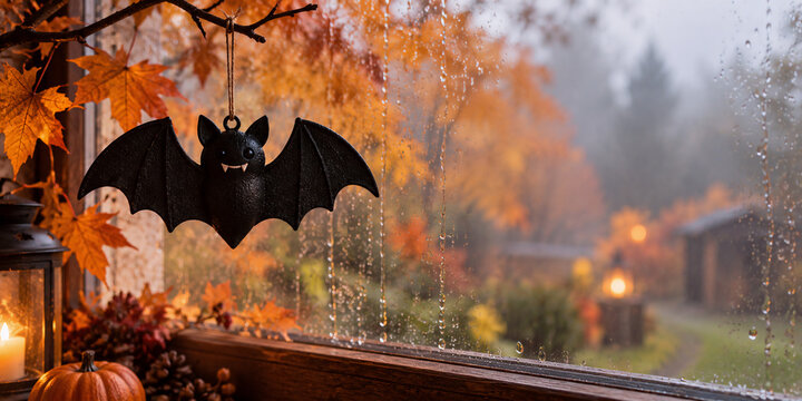 Schwarze Fledermaus als Halloween Dekoration am regennassen Fenster