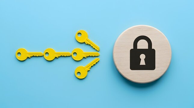 Multiple yellow keys leading to a wooden circle with a black padlock icon symbolizing access security and solutions on a blue background