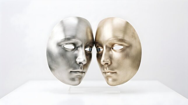 Two minimalist human face masks in silver and warm champagne gold with peaceful neutral expressions, smooth sculpted features, and a refined metallic finish displayed against a light background