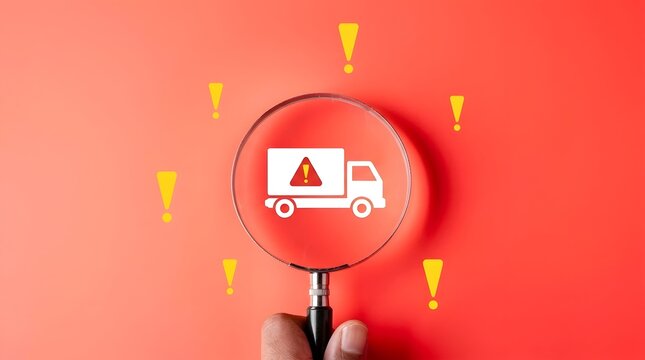 Magnifying glass inspecting a truck icon with a warning symbol surrounded by exclamation marks symbolizing logistics inspection delivery issues or supply chain alerts.