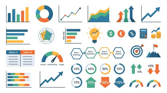 Colorful business data charts graphs and financial infographic elements vector illustration set on white background