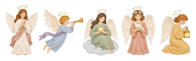 Fototapeta premium PNG Watercolor angel illustrations with halos, wings, stars, trumpet, lantern
