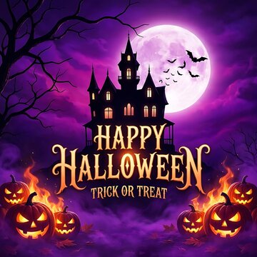Spooky haunted castle with glowing jack o lanterns and full moon for purple halloween card template.