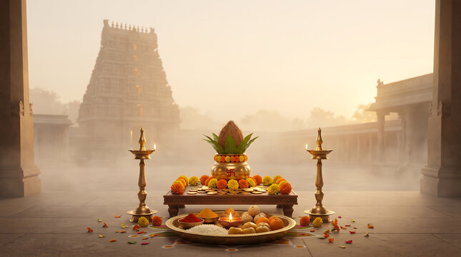 Traditional religious offerings on a platform before a temple