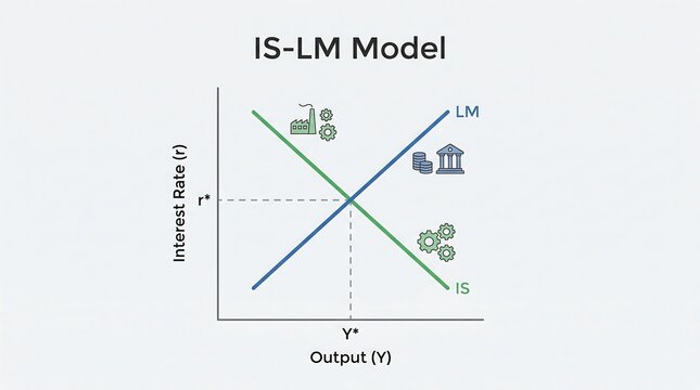 IS LM model macroeconomic equilibrium interest rate output vector graphic diagram