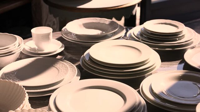 Stacks Of White Porcelain Plates On Table In Golden Light
