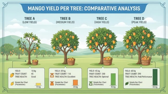 Mango yield per tree comparative analysis infographic comparing four trees a through d with varying yields, fruit counts, health statuses, and bar charts