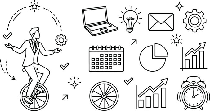 Business time management and work life balance line icon set featuring multitasking man juggling tasks on unicycle