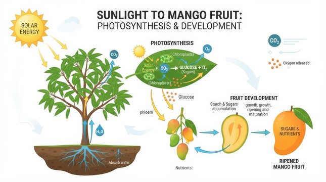 An infographic explaining the process of photosynthesis and fruit development in a mango tree from solar energy to ripened mango fruit isolated on white background