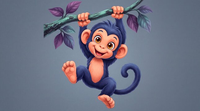 Adorable baby monkey cartoon character with blue fur hanging joyfully from a tropical tree branch with purple leaves, whimsical digital illustration for children's books and nursery decor.
