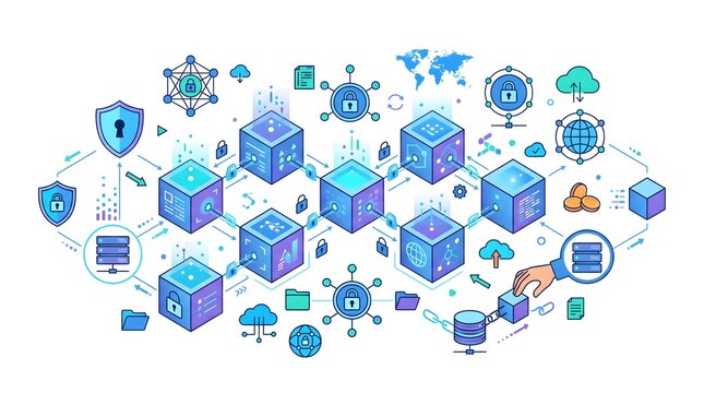 Futuristic isometric blockchain technology network illustration featuring connected blue cubes servers security shields and digital data nodes