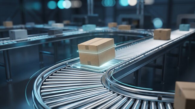 Cardboard box moving along curved industrial roller conveyor belt with glowing blue light path in automated logistics warehouse facility for efficient package transit and sorting