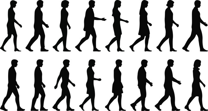 Sequence of silhouettes depicting a man walking in various poses and perspectives