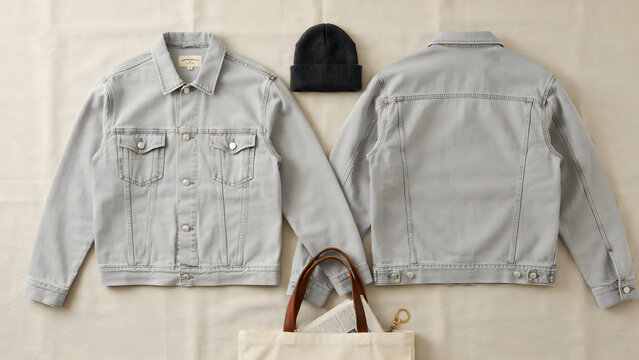 Light grey denim jackets shown from front and back with a dark beanie hat and a canvas tote bag on a neutral fabric background surface