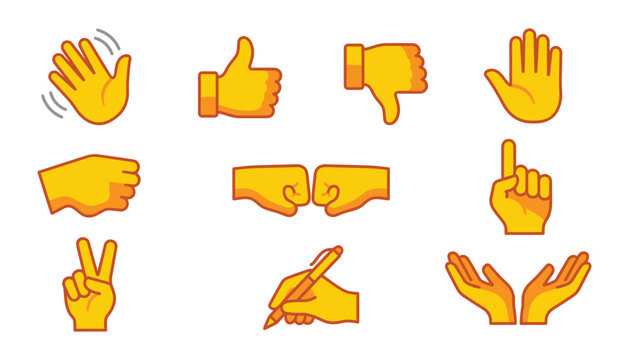 Yellow emoji hand gestures icon set with thumbs up waving and fist bump isolated on white vector background