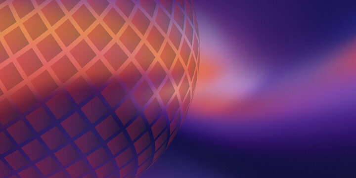 Abstract 3d sphere with a glowing grid pattern on a blurred purple and orange background